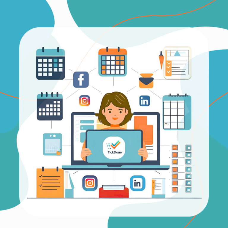 A decorative illustration of a woman working on a laptop surrounded by icons depicting calendars and social media logos