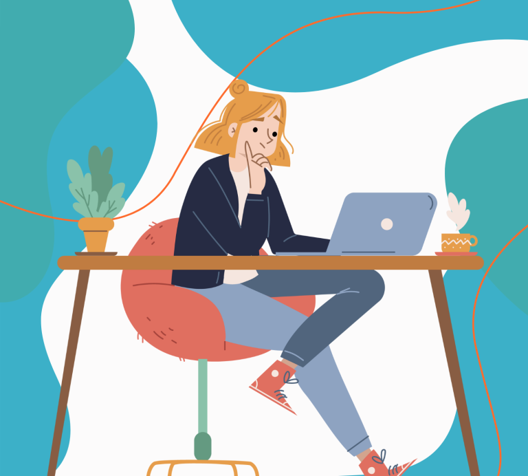 a decorative illustration of a woman sitting looking thoughtful while working on a laptop