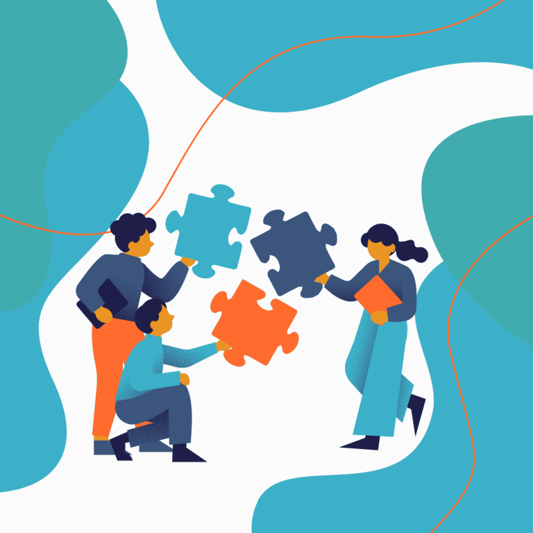 an image of 3 people all holding large jigsaw puzzle pieces which they are swapping with each other